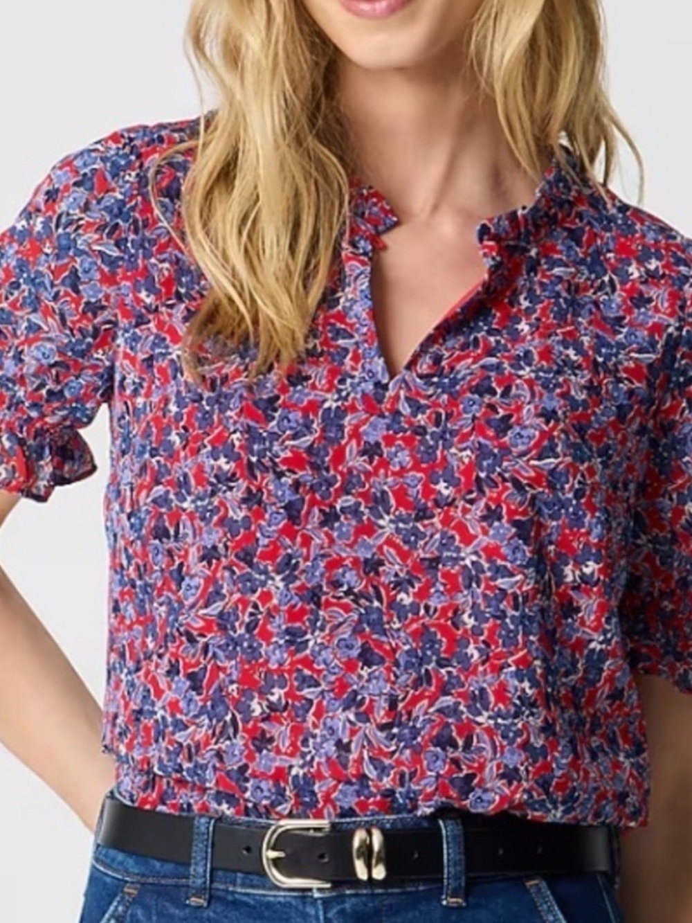 J Crew Red & Blue Floral Short-Sleeve Women's Top